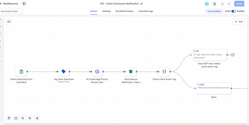 AnchorPoint claims intake workflow with conditional branching logic that escalates injury-related claims