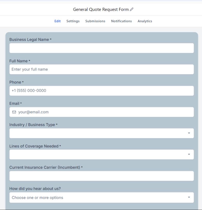 AnchorPoint general quote request form showing business legal name, industry type, lines of coverage, and incumbent carrier fields