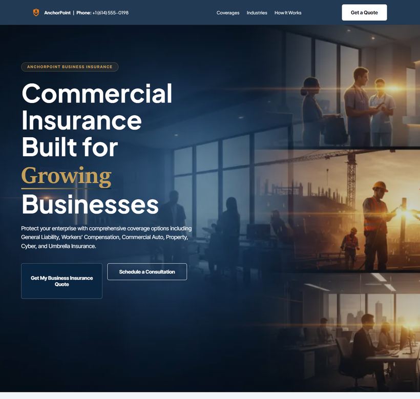 AnchorPoint commercial insurance landing funnel built in GoHighLevel, with hero headline and quote request call to action