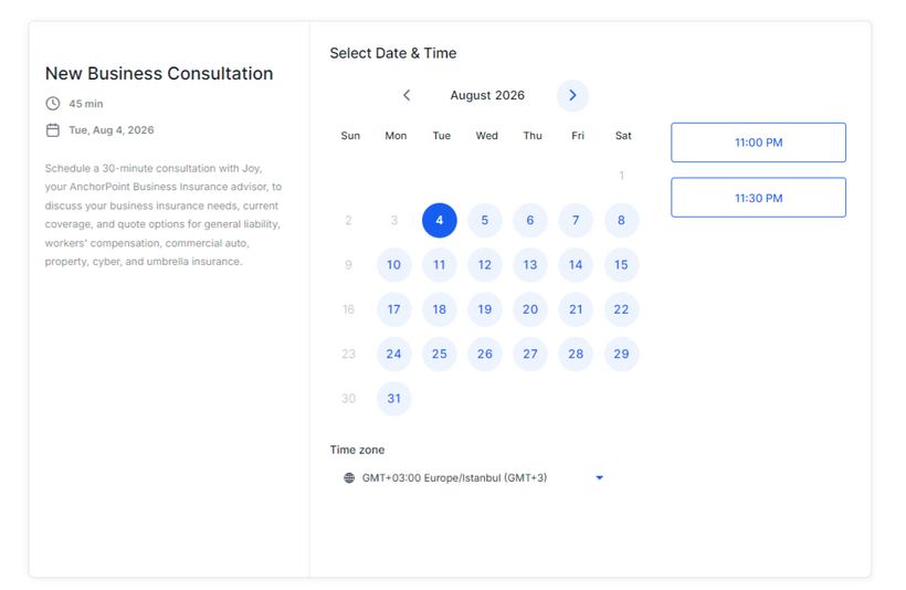 AnchorPoint new business consultation booking calendar showing date picker, available time slots, and time zone