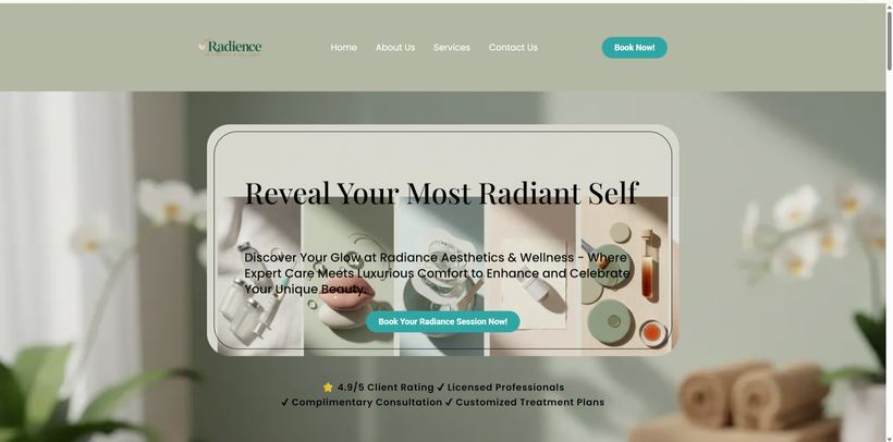 Radiance Aesthetics website hero section built in GoHighLevel, showing headline, booking call-to-action, and trust badges