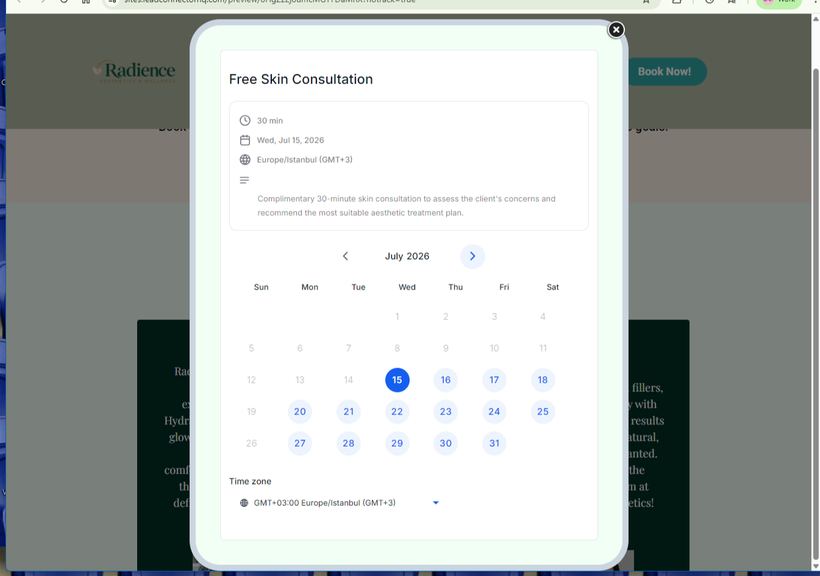 GoHighLevel booking calendar showing free skin consultation slots with date picker and time zone selector