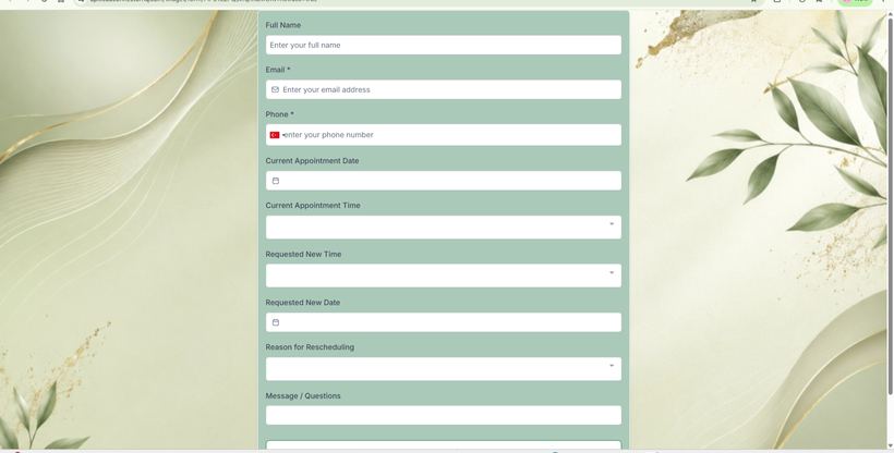 Radiance consultation intake form with name, contact, appointment date, and treatment preference fields
