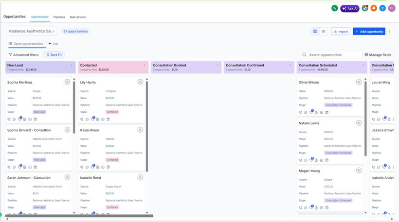 GoHighLevel opportunities board showing leads across new lead, contacted, consultation booked, and confirmed stages